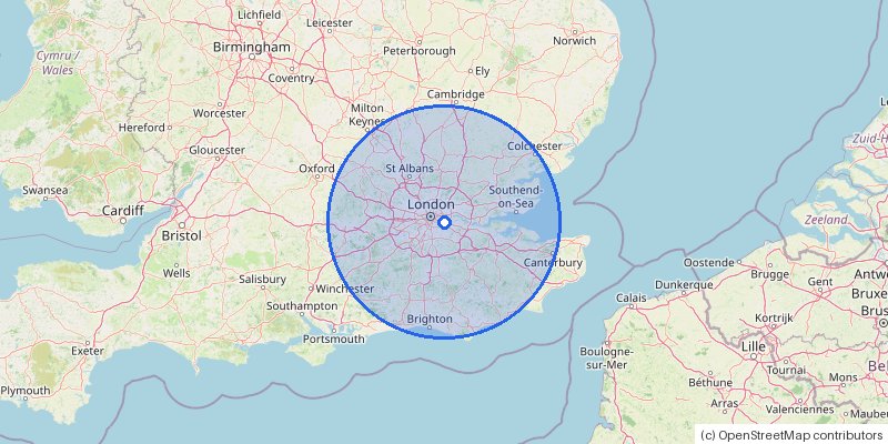 Service area map: 50 miles from the meeting place (SE10)
