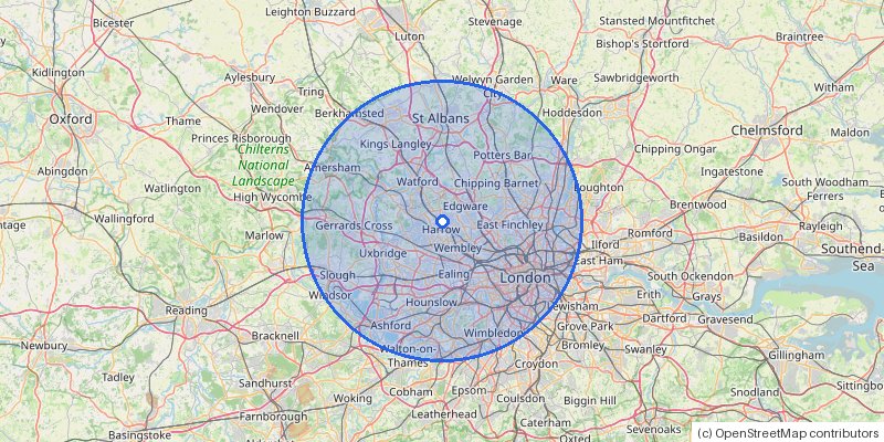 Service area map: 15 miles from the meeting place (HA3)