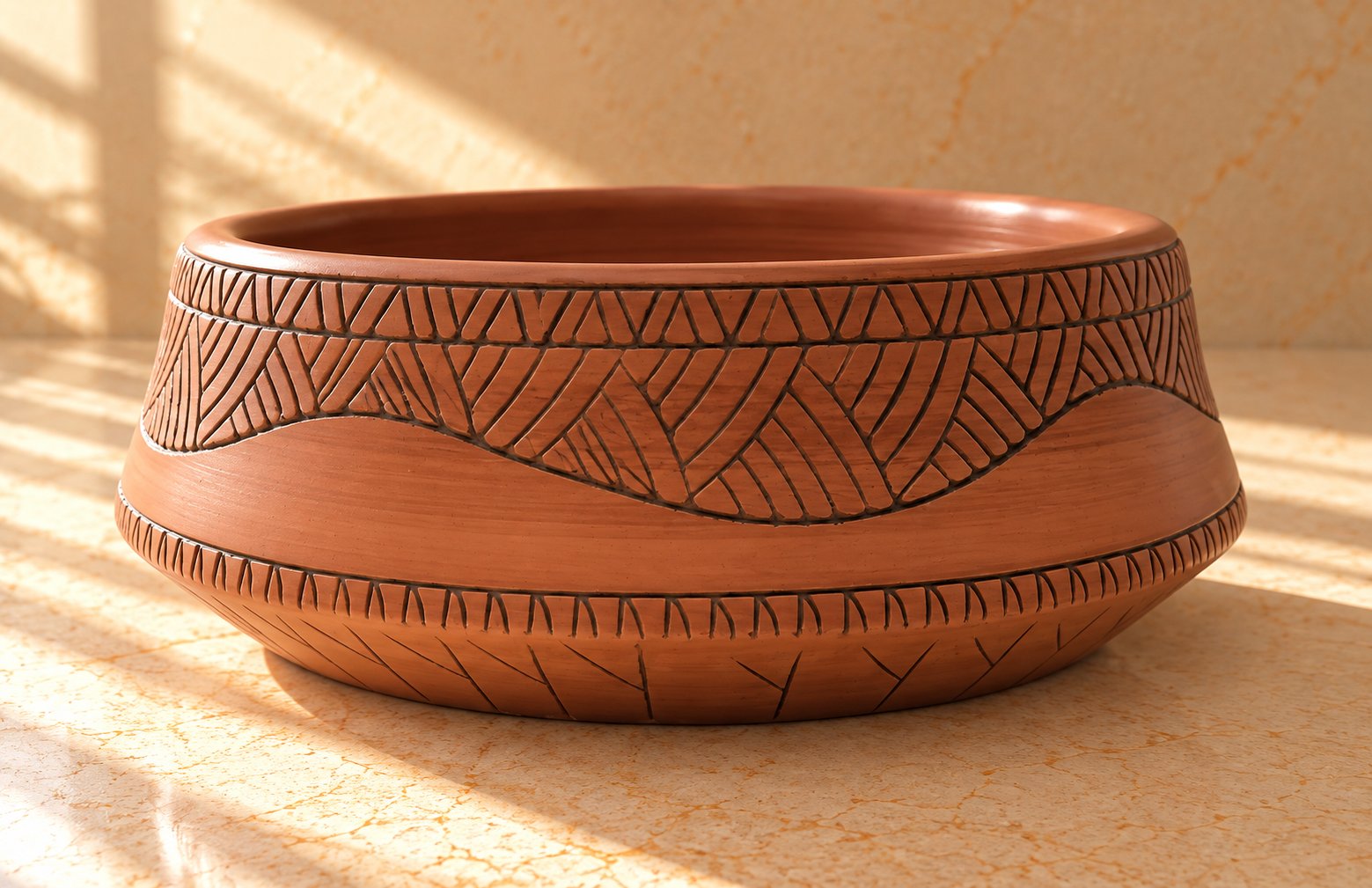 Countertop Sink. Sunlit Terracotta Basin on Marble.
