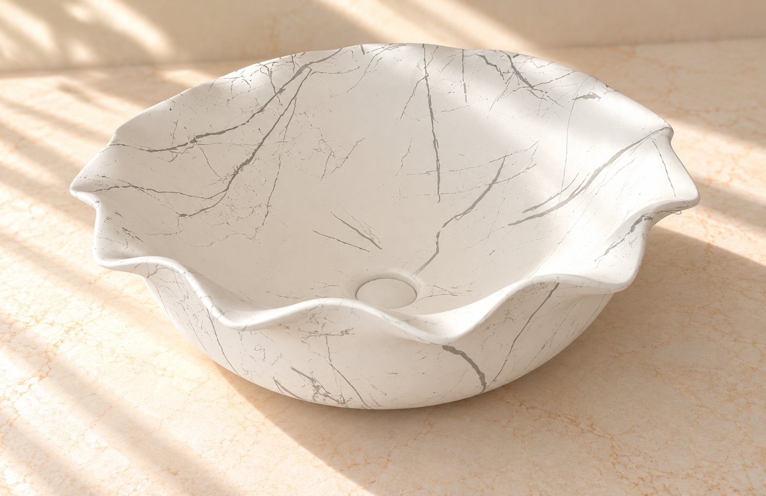 Countertop Sink. Sunlit Scalloped Marble.