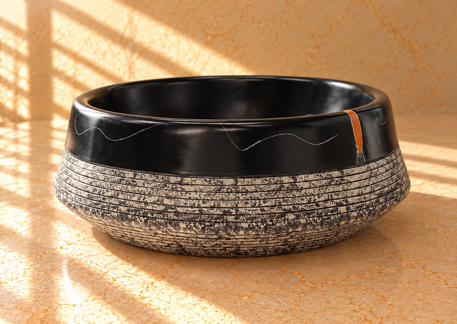 Countertop Sink. Sunlit Black Marble and Terracotta Bowl