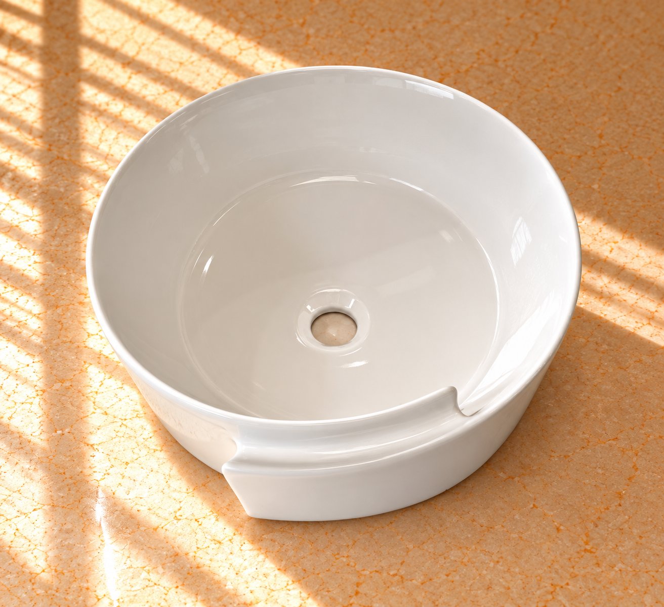 Countertop Sink. Glossy White Vessel Sink in Sunlit Stone.
