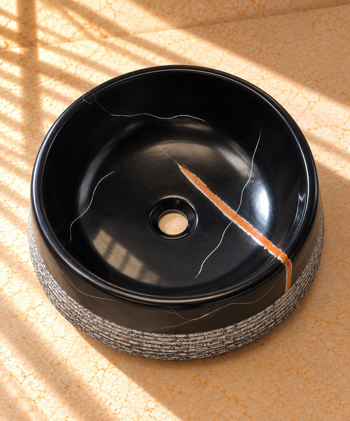 Countertop Sink. Sunlit Black Marble and Terracotta Bowl