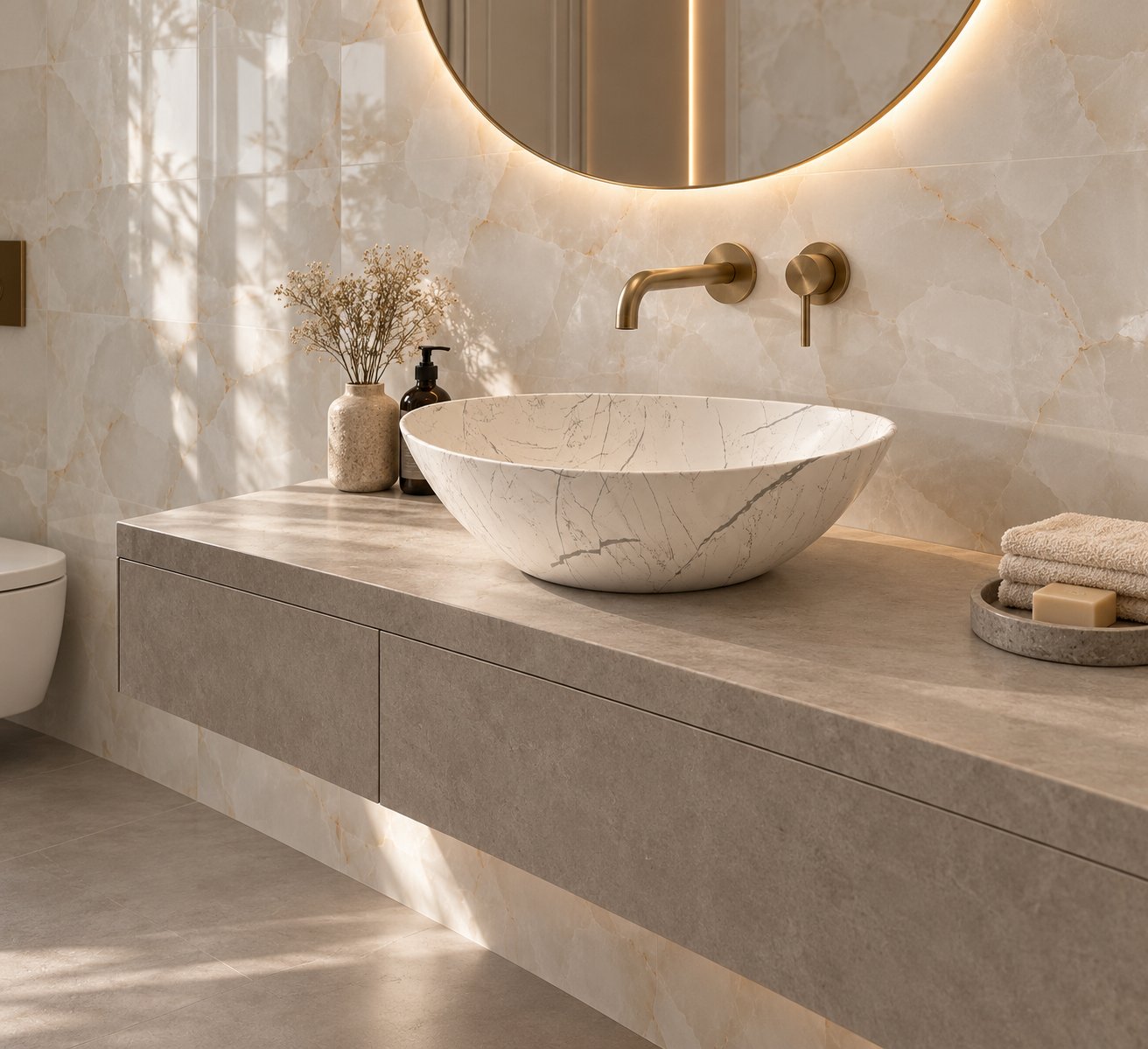 Countertop Sink. Sunlit Marble Vessel Sink.