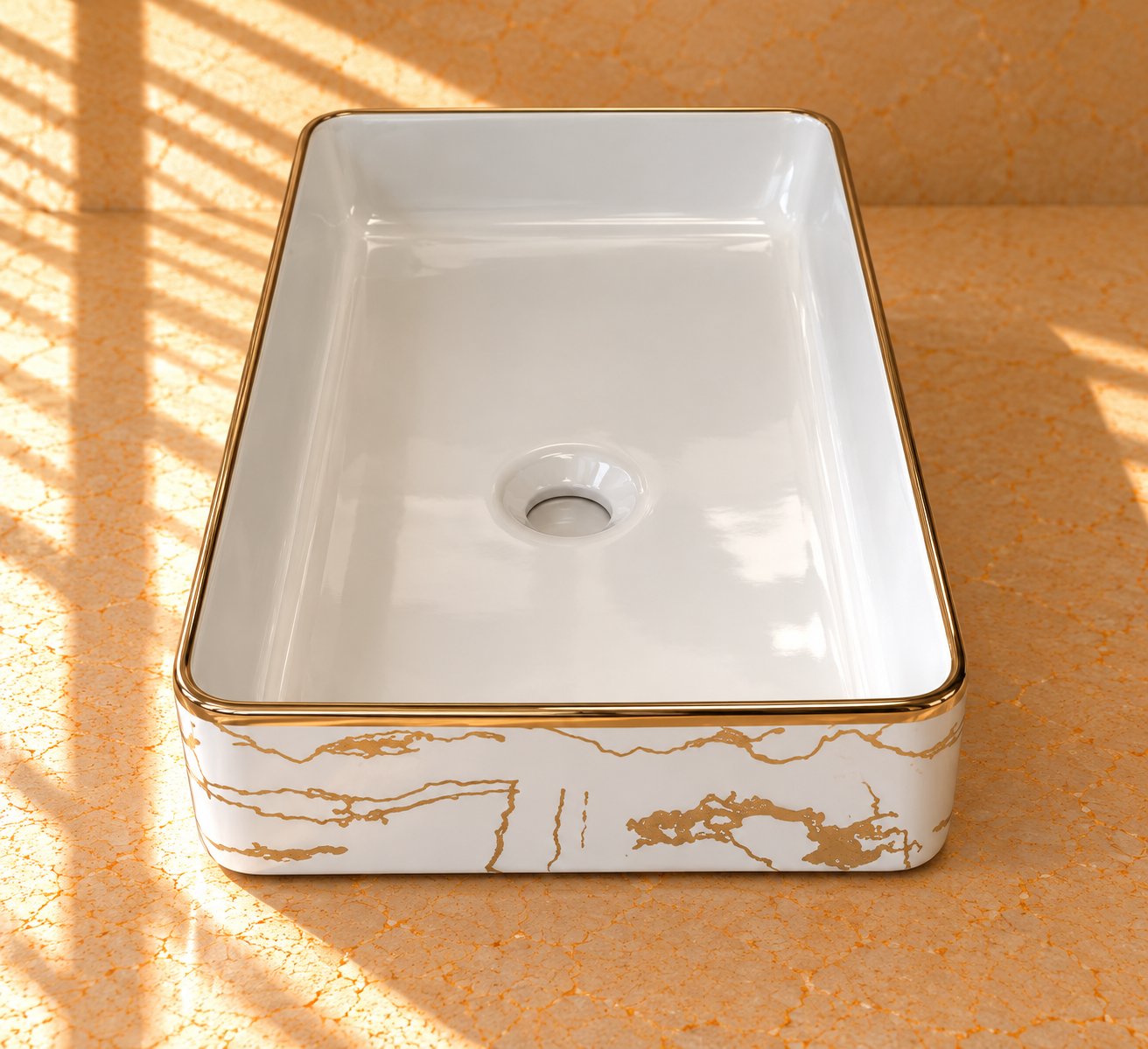 Countertop Sink. Sunlit Gold-Veined Marble Basin.