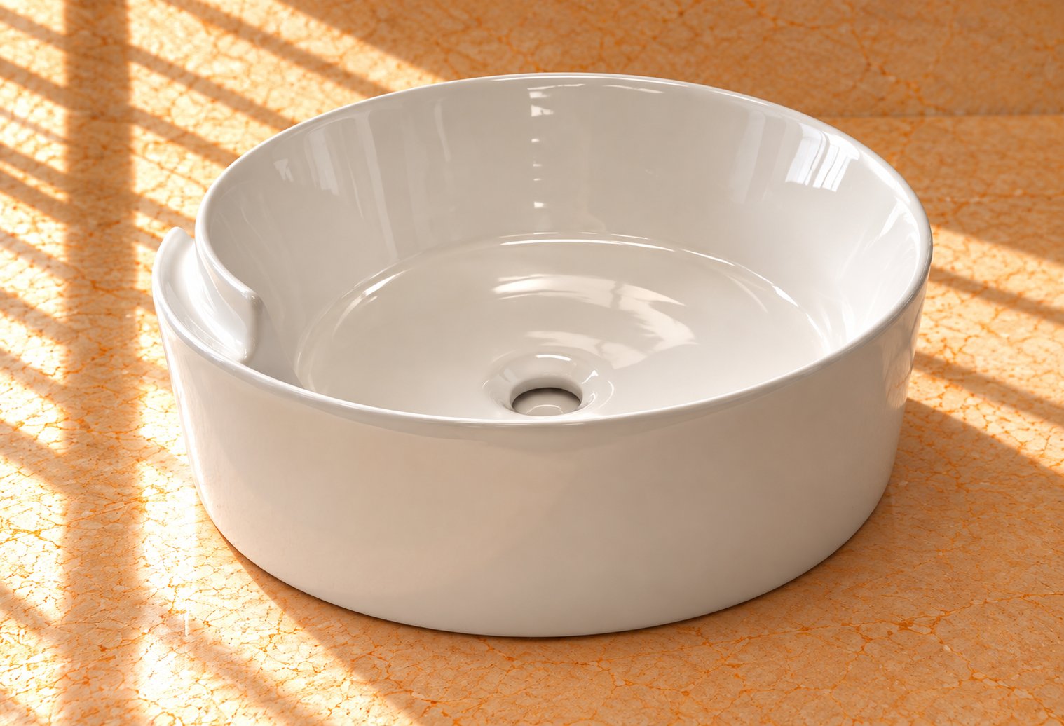 Countertop Sink. Glossy White Vessel Sink in Sunlit Stone.