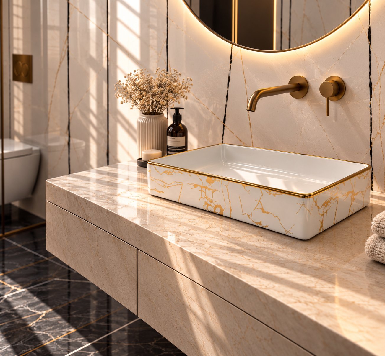 Countertop Sink. Sunlit Gold-Veined Marble Basin.