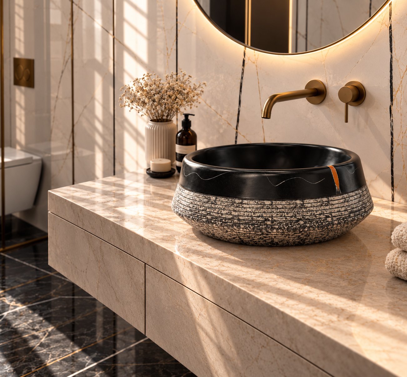 Countertop Sink. Sunlit Black Marble and Terracotta Bowl