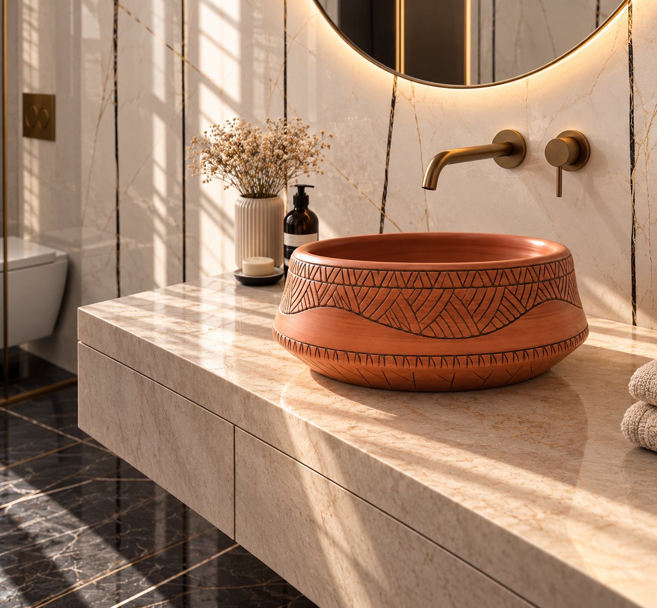 Countertop Sink. Sunlit Terracotta Basin on Marble.