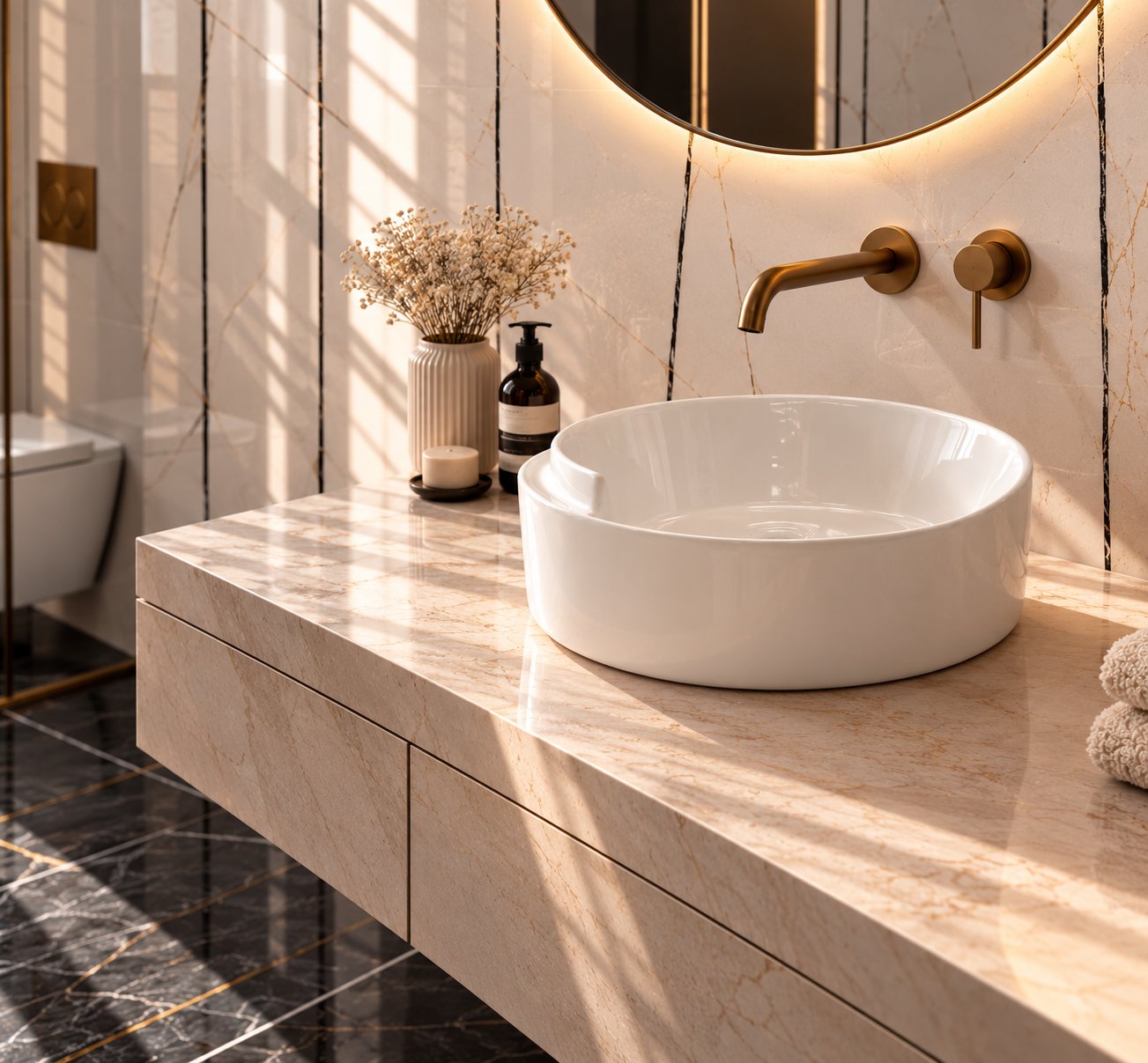 Countertop Sink. Glossy White Vessel Sink in Sunlit Stone.