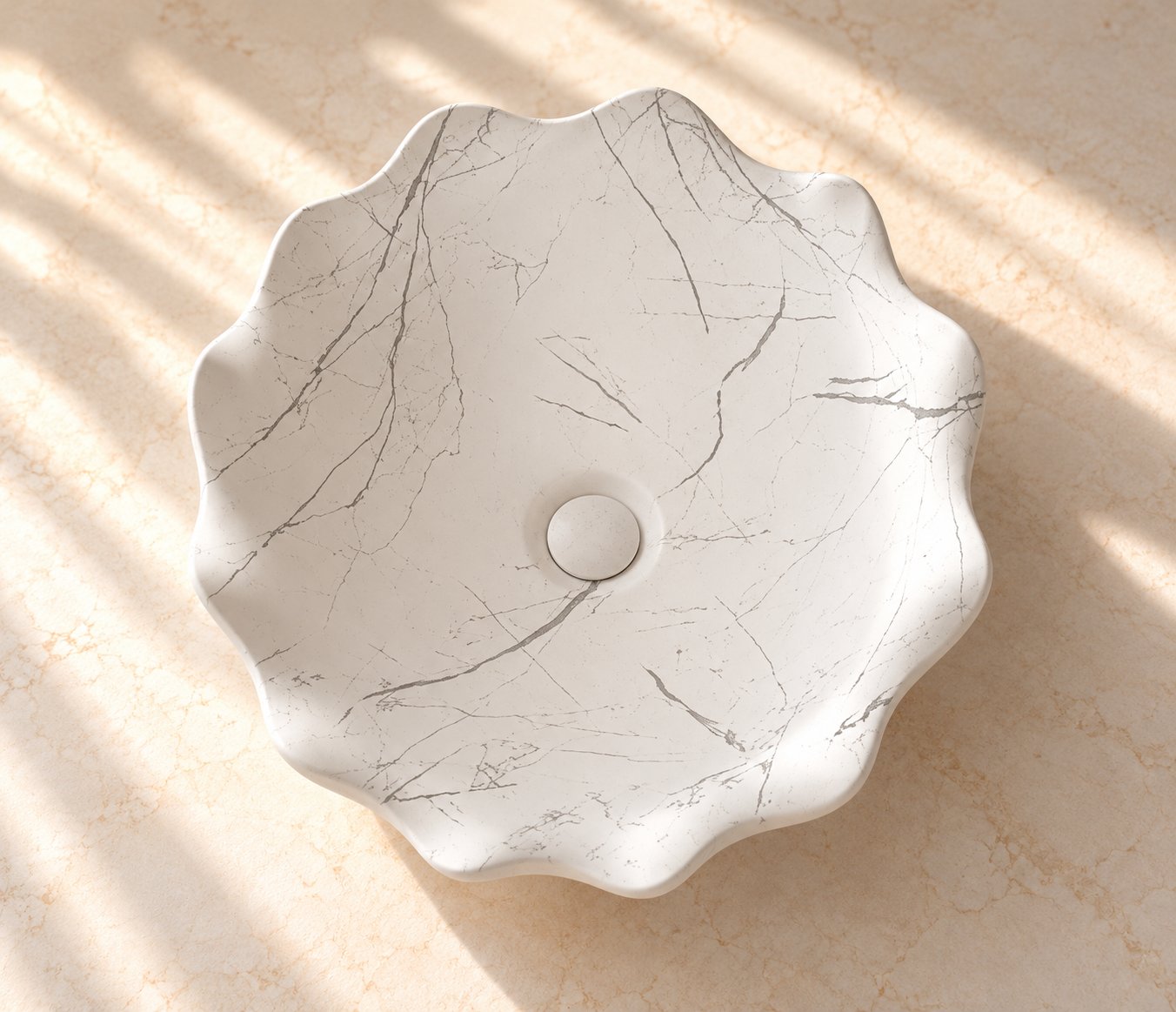 Countertop Sink. Sunlit Scalloped Marble.