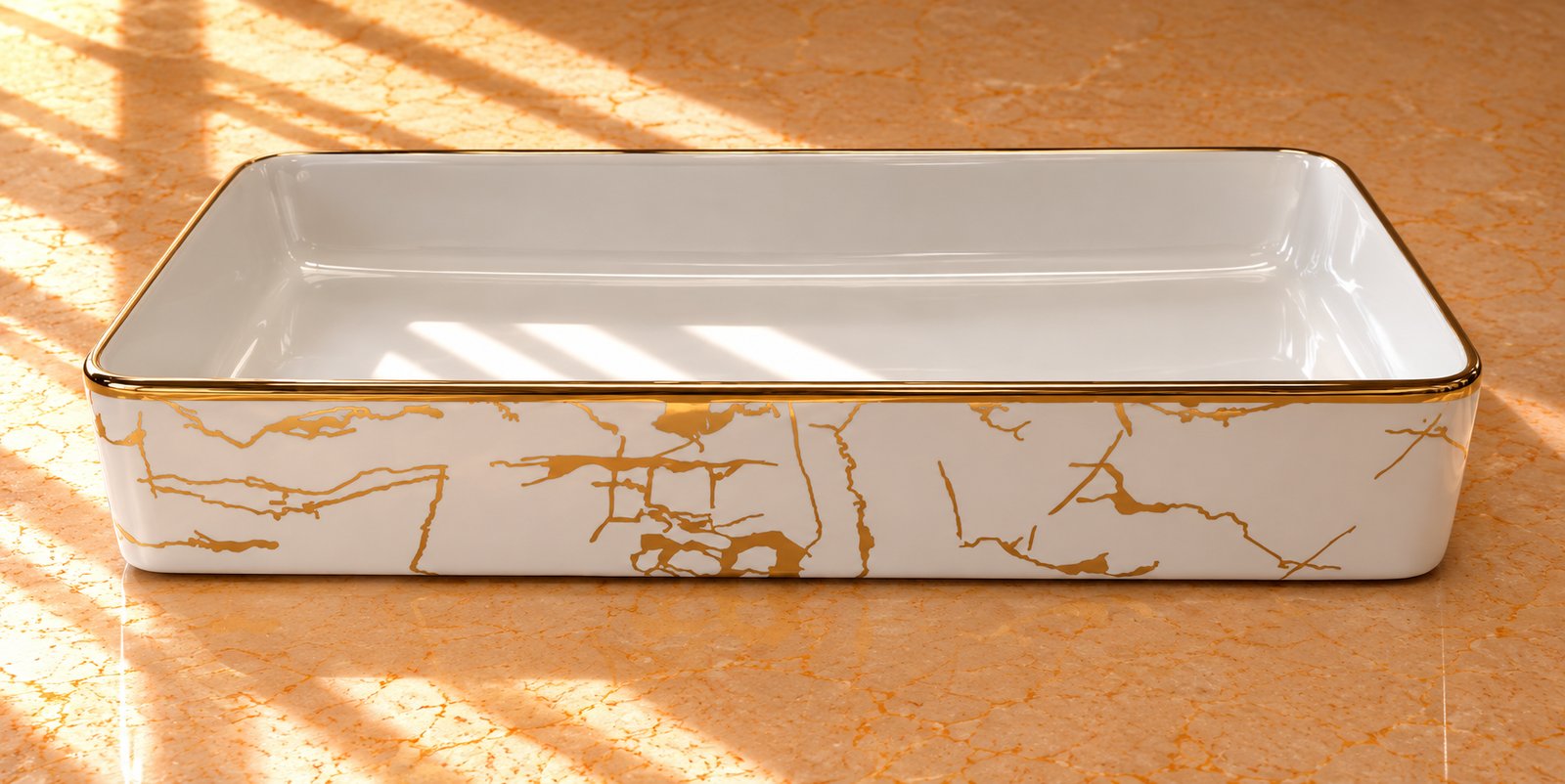 Countertop Sink. Sunlit Gold-Veined Marble Basin.